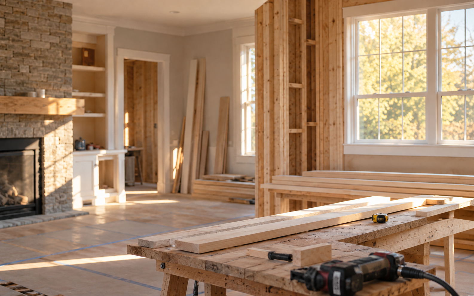 Finish carpentry materials in a sunlit home renovation